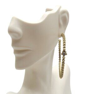 Gold Tone Textured Hoop Earrings With Rhinestone Flower Accents